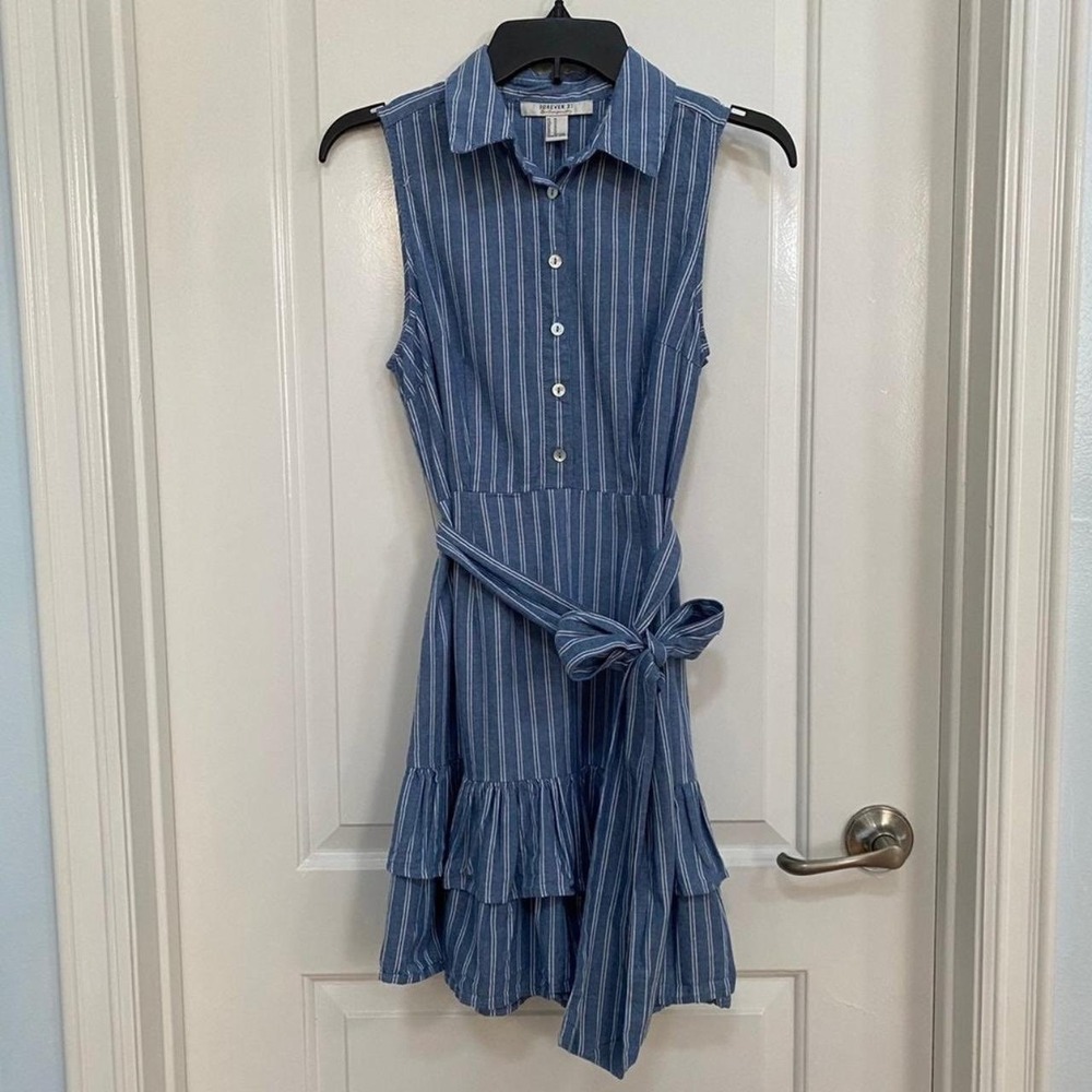 NWOT Forever 21 Blue White Striped Button Up Shirt Dress Ruffle Size S